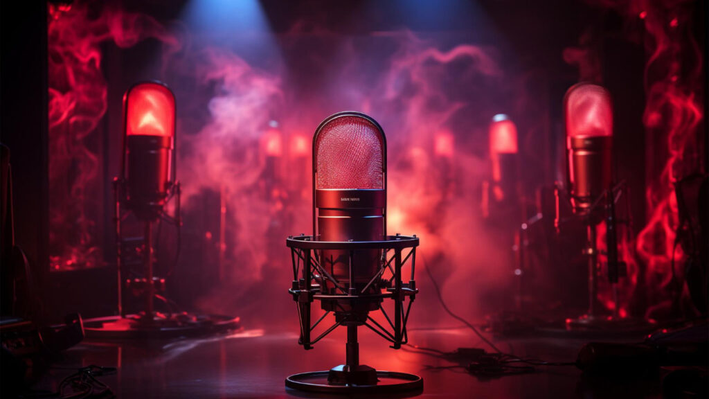 microphones in microphone stands on a stage with red lighting and fog