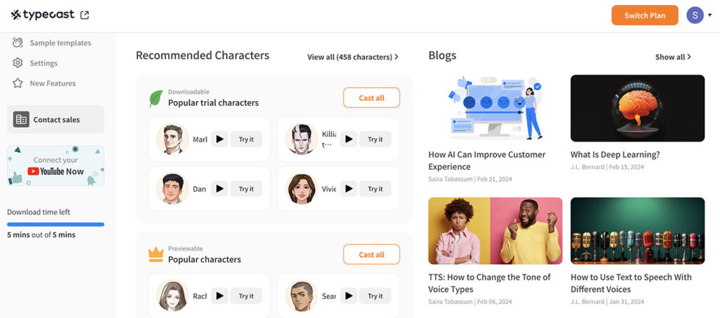 typecast recommended characters screen