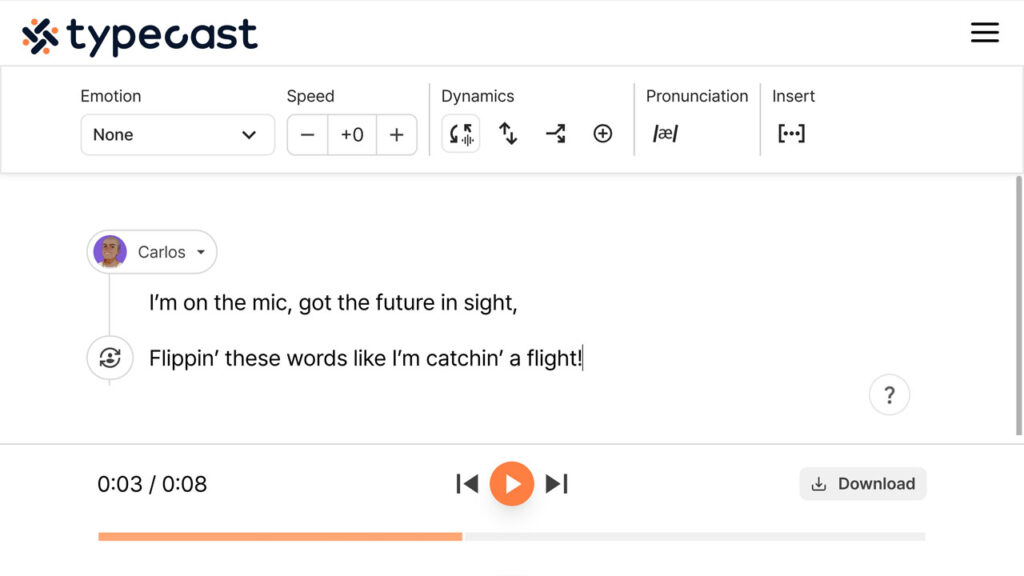 typecast text-to-speech editor with carlos rapper voice