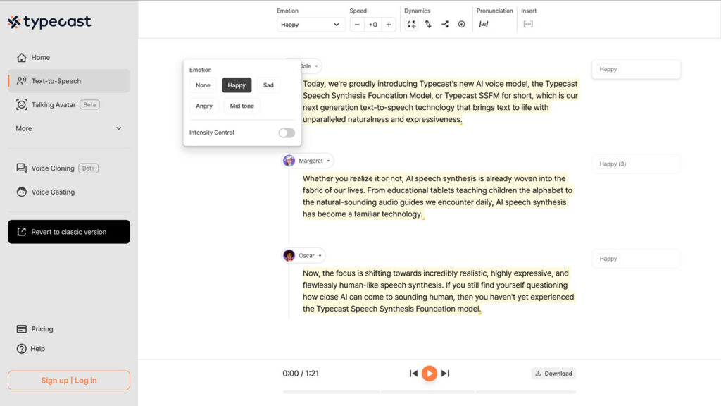 typecast SSFMv2 text to speech editor