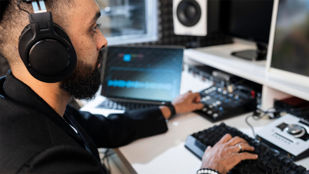 young man working at a radio station indoors