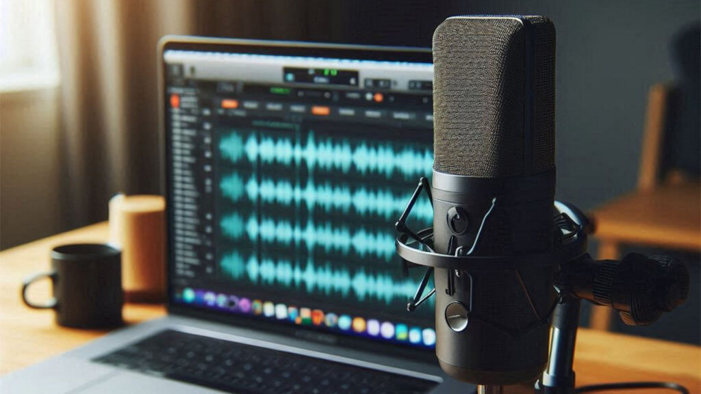 a computer setup with a computer, microphone, and another recording device made for doing voiceovers