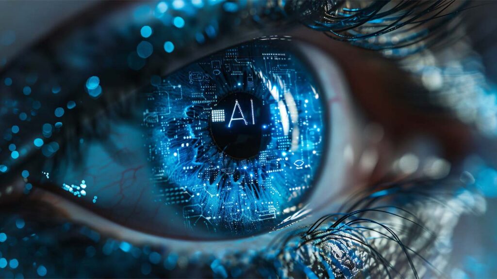 a blue eye with AI technology hidden in the iris