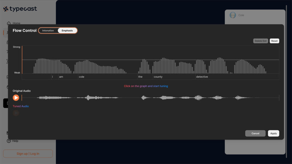 typecast text to speech tone control menu