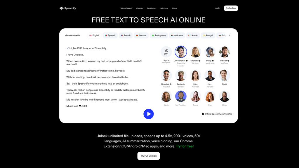 speechify landing page