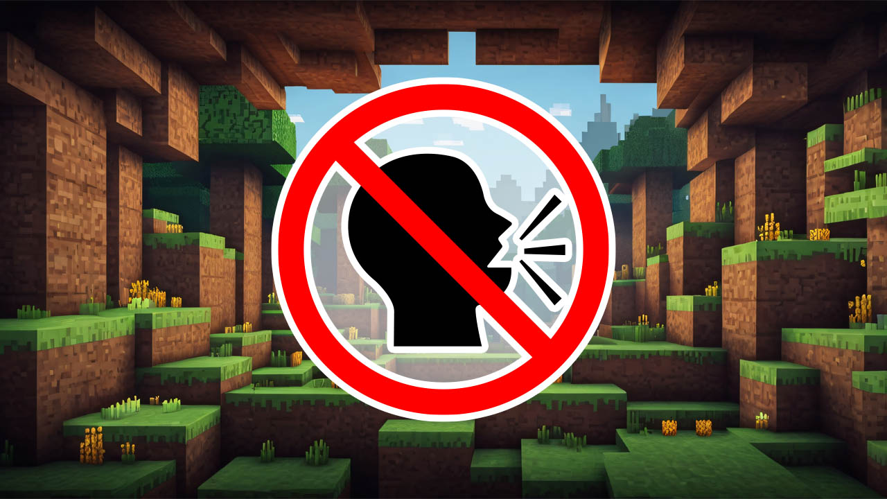 a no speech symbol with the minecraft video game playing in the background