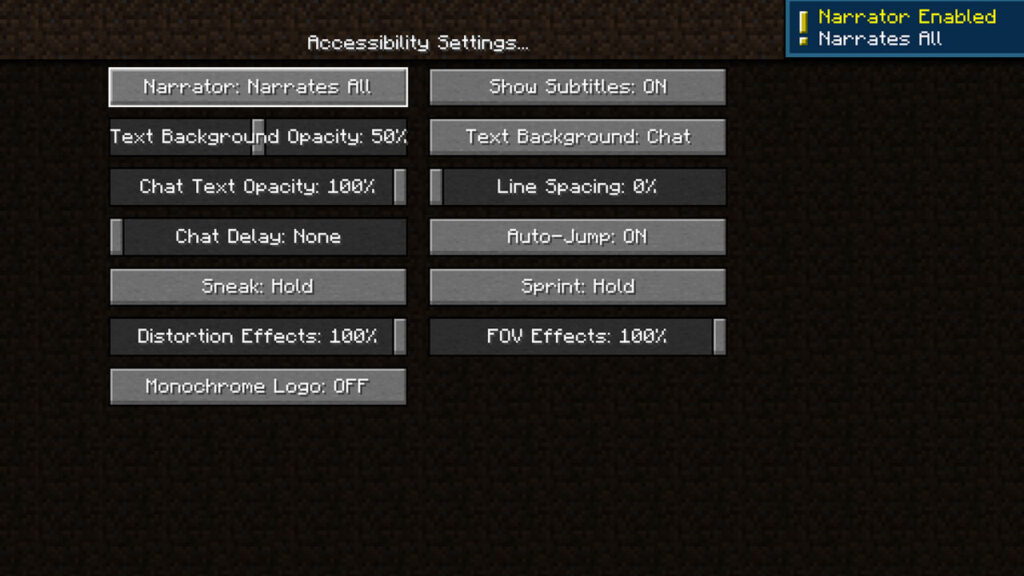 minecraft java edition accessibility and text to speech settings