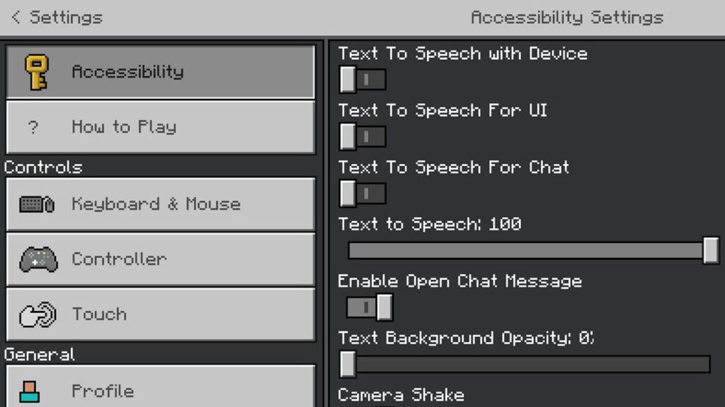 minecraft pocket edition accessibility and text to speech settings