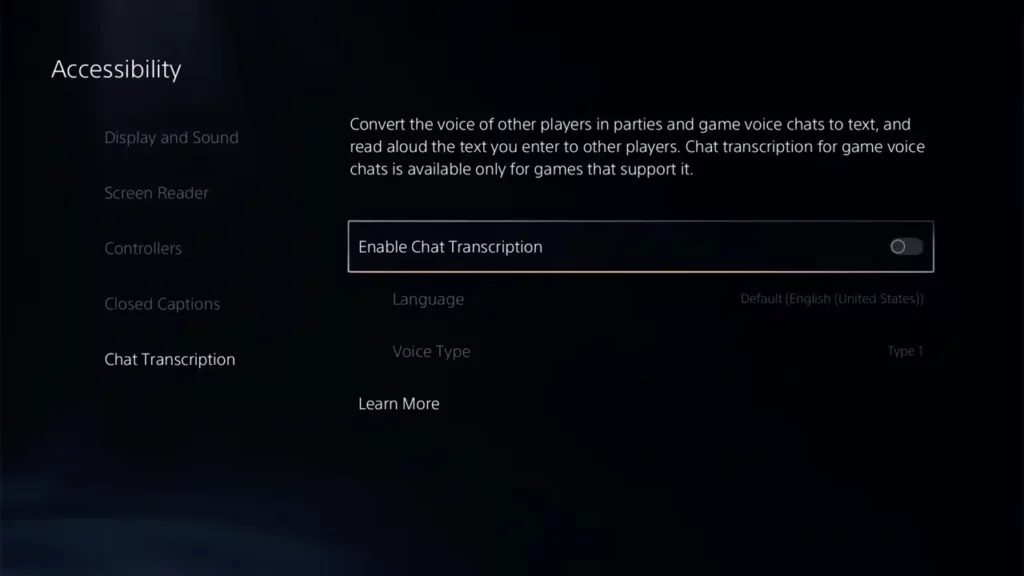 enable chat transcription feature in the playstation 5 accessibility settings