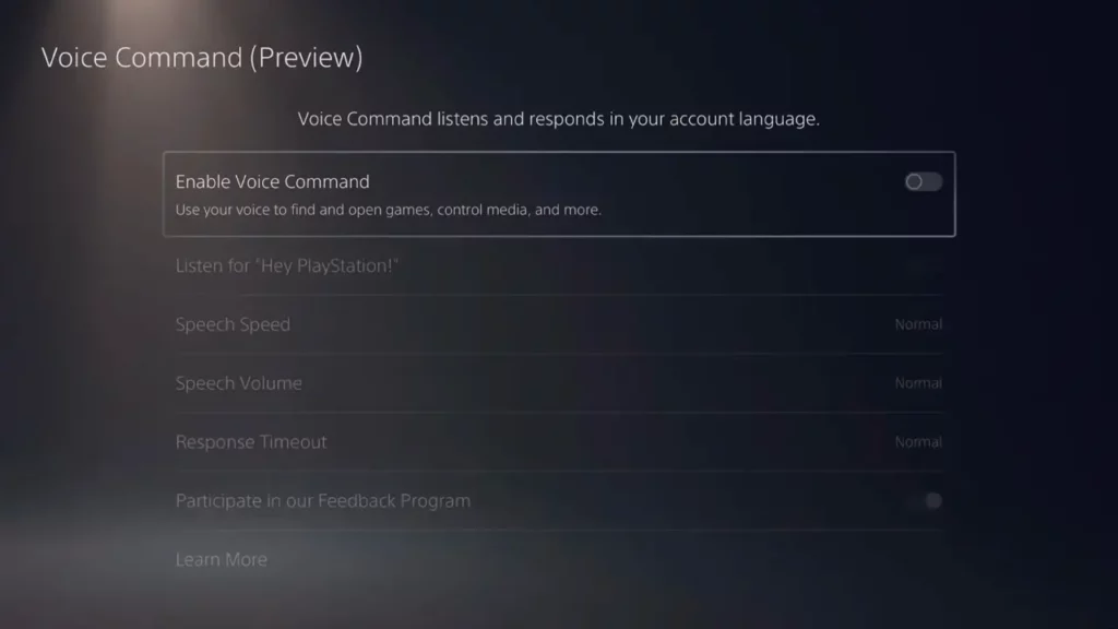enable voice command feature in the playstation 5 accessibility settings
