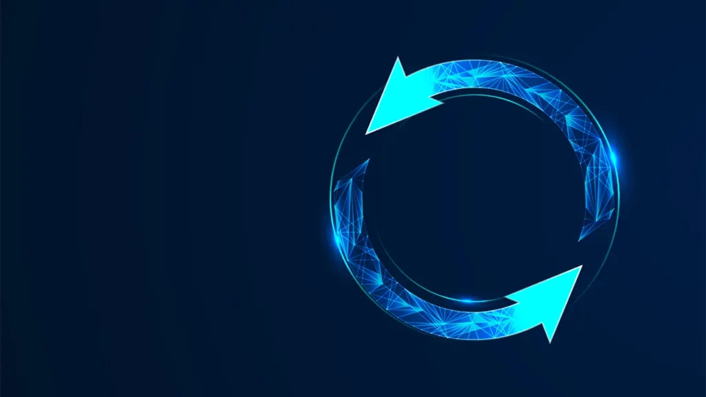 an update symbol featuring two revolving arrows in a circle