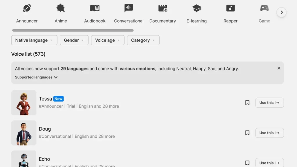 typecast AI voice casting library of 573 voice actors