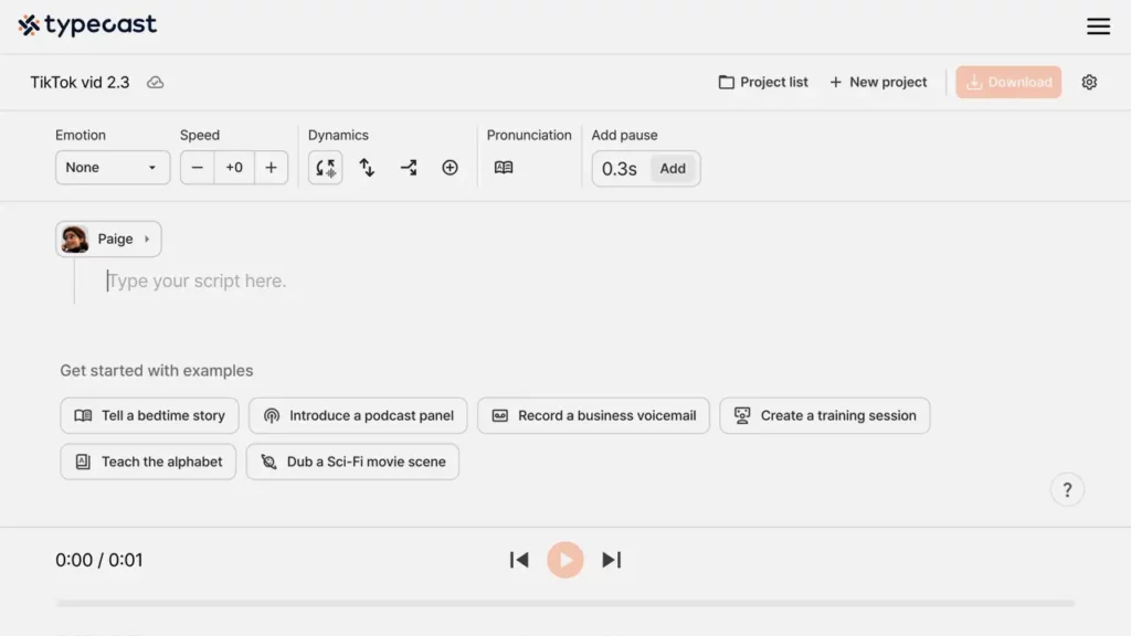 typecast AI text to speech editor