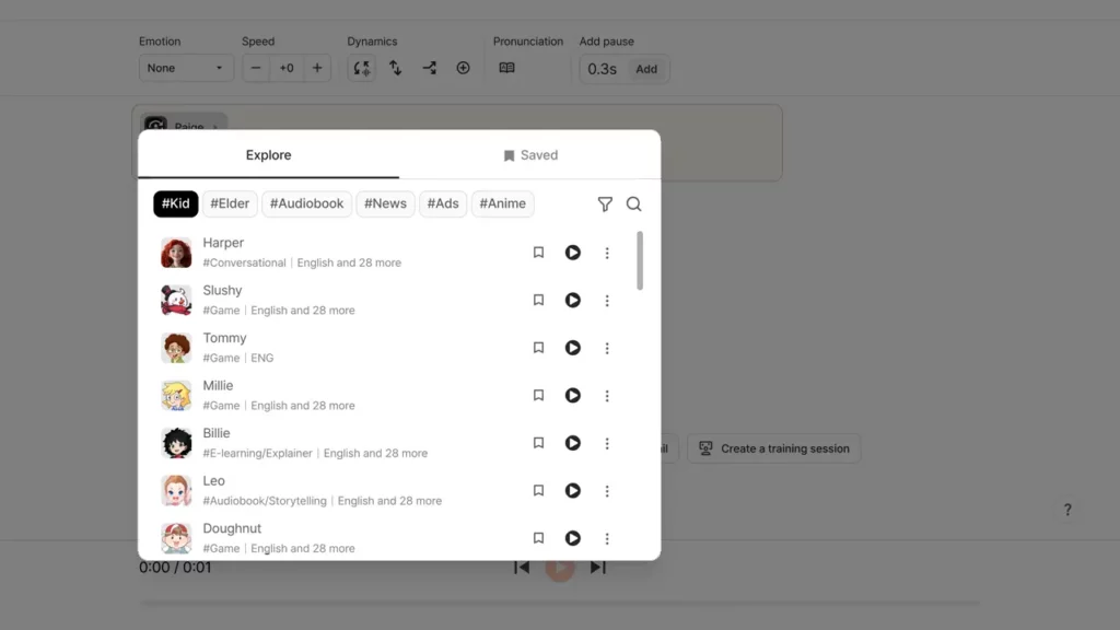 typecast AI text to speech editor kid voice selection