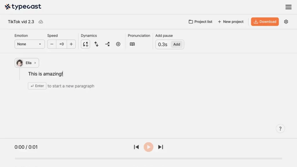 typecast AI text to speech editor with a kid voice