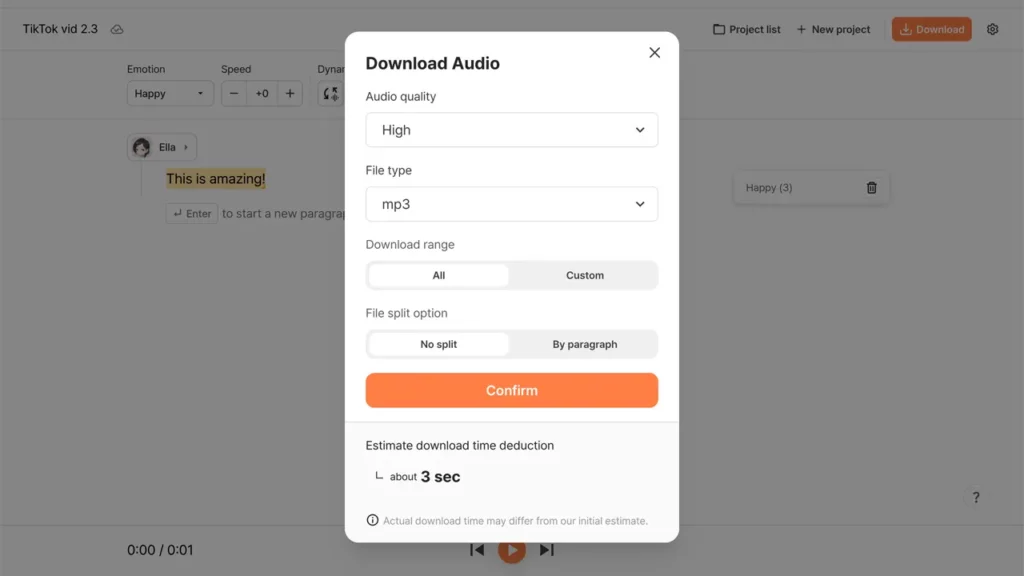 typecast AI text to speech editor downloading the kid voice audio