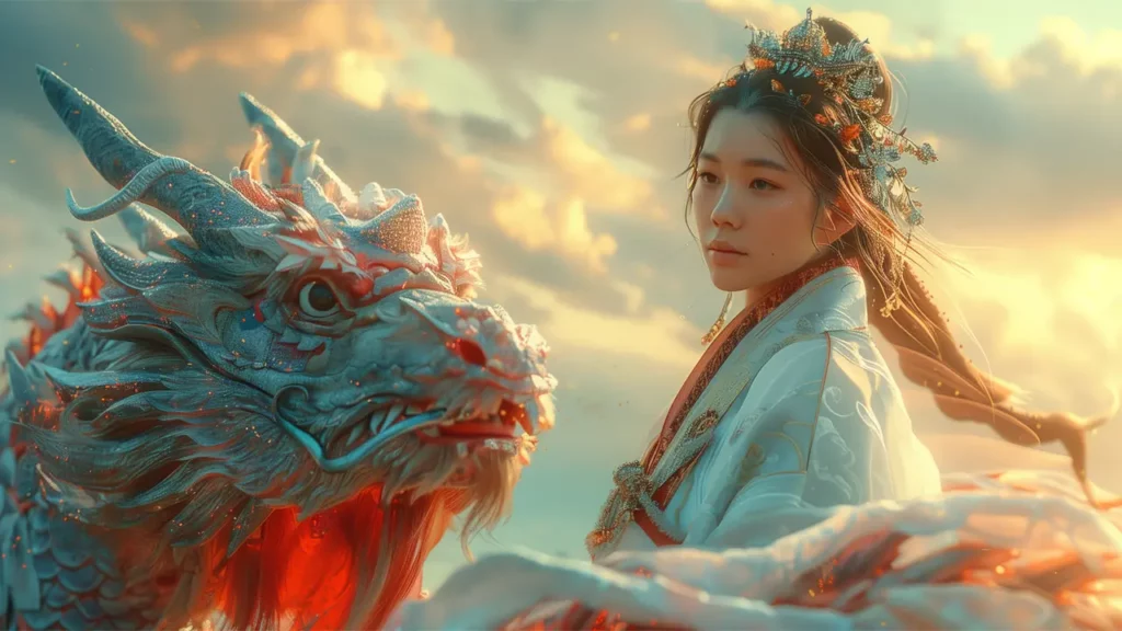 woman in chinese dress and dragon