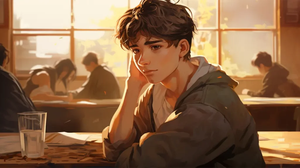 anime guy in classroom resting cheek on hand