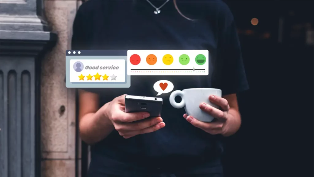 A person giving an online review on their phone.