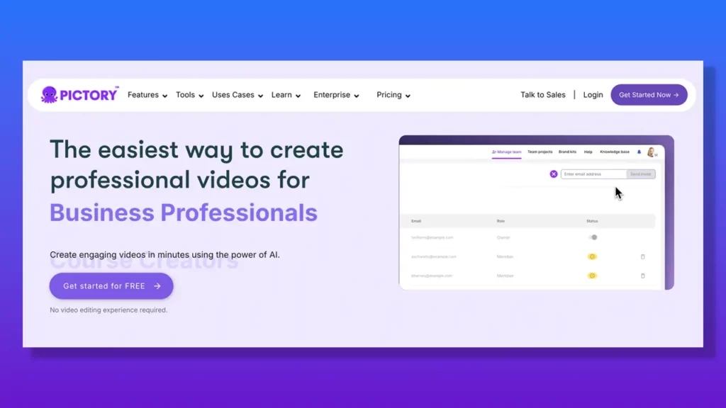 Pictory landing page.