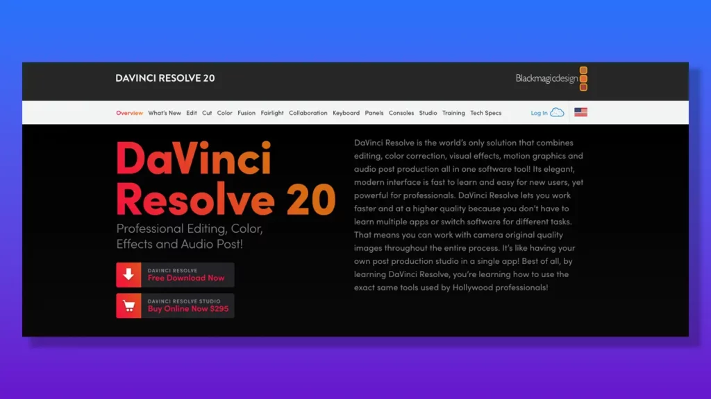 DaVinci Resolve 20 landing page.