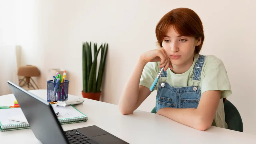 A young lady thinking while on her laptop.