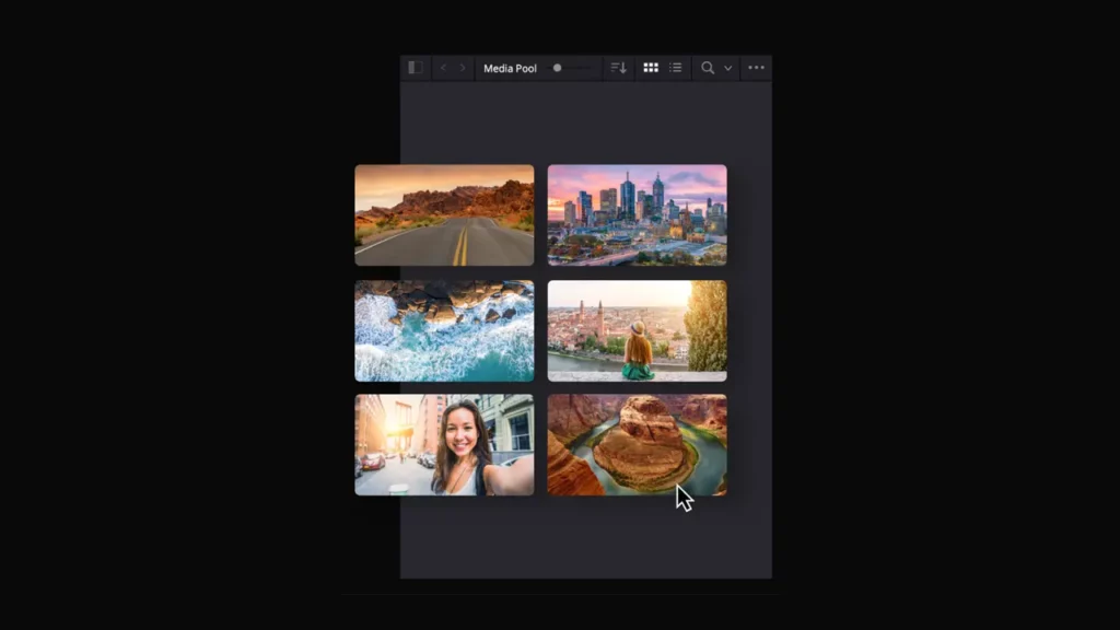 DaVinci Resolve media pool feature.