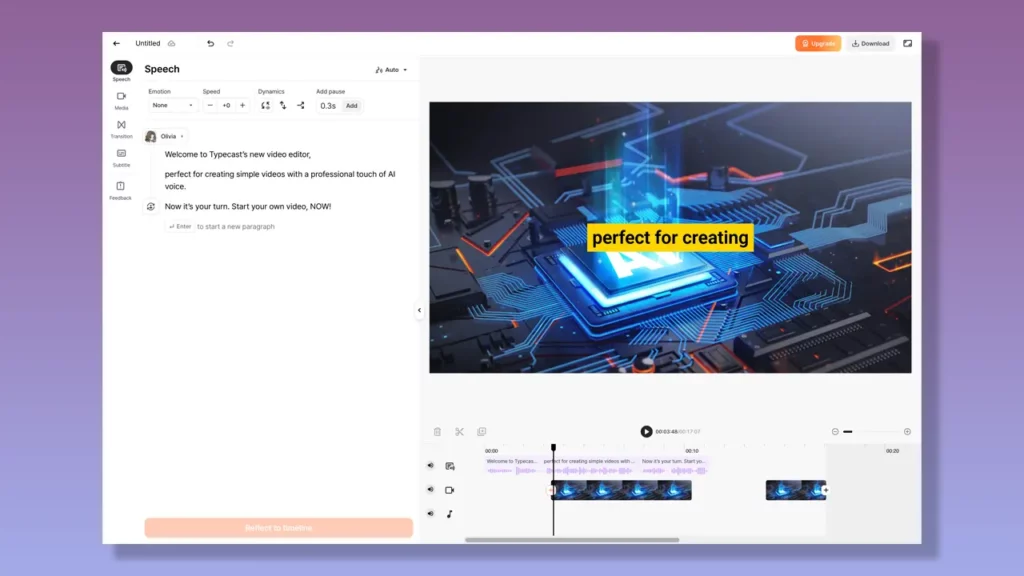 Typecast's online video editor.