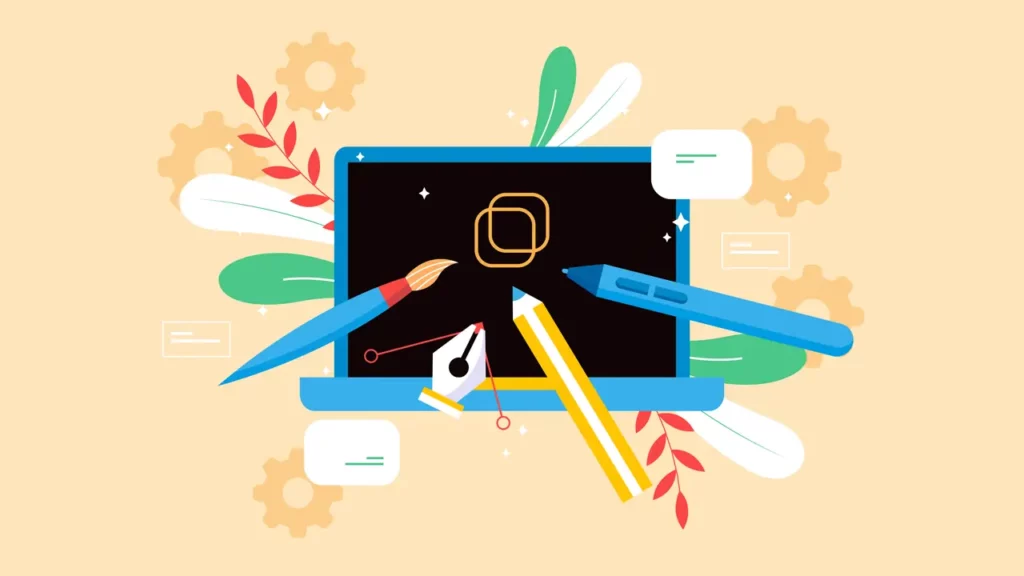 A laptop with various creative tools pointing at it.