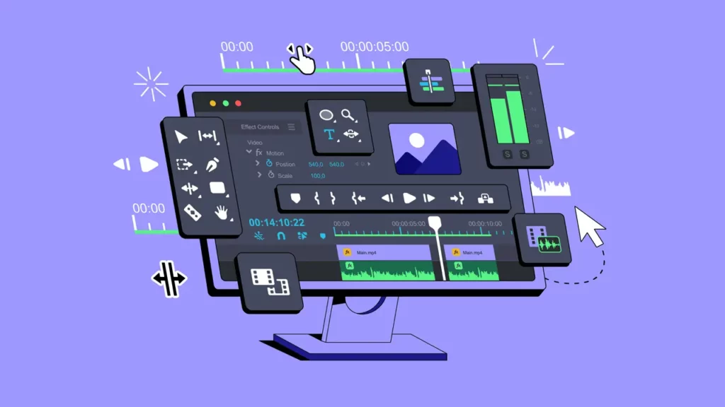 Different video editor features being showcased.
