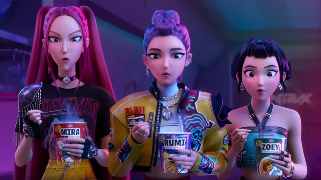 Rumi, Mira, and Zoey from KPop Demon Hunters eating their instant ramyeon.
