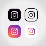 A collage of four Instagram logo variations, including black, outlined, gradient, and white designs, set against a purple and orange gradient background.