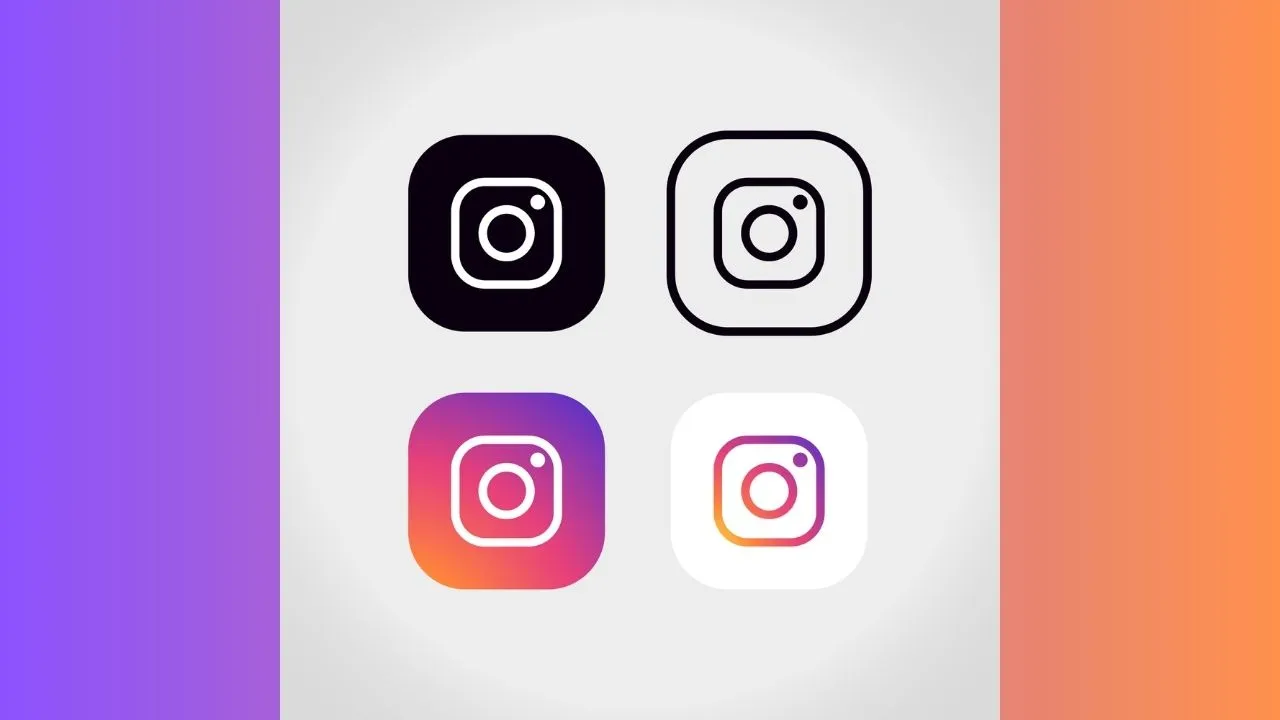 A collage of four Instagram logo variations, including black, outlined, gradient, and white designs, set against a purple and orange gradient background.
