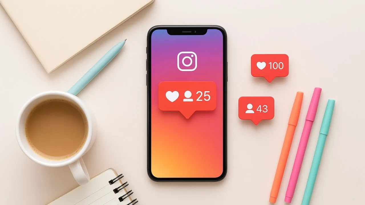 A smartphone displaying the Instagram app with like and comment notifications on a desk with a notebook and pens.