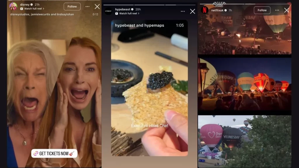 Three Instagram posts showing a Disney reel, a Hypebeast food video, and a Netflix promotion.