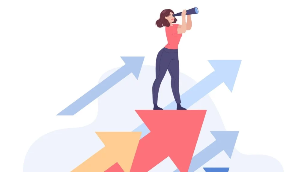 A cartoon illustration of a woman standing on a red arrow atop a platform, using a telescope to look forward, with blue and yellow arrows rising around her, symbolizing growth and vision.