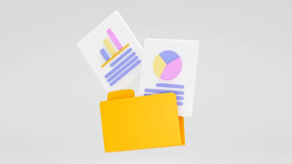 Yellow folder with papers containing charts and graphs.