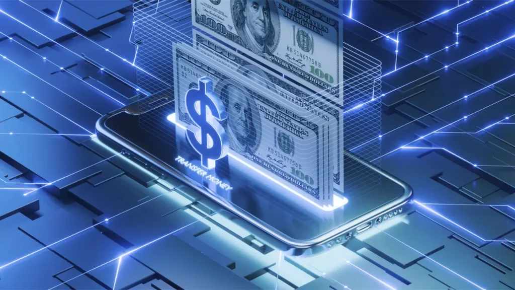 Digital currency transferring into a phone.