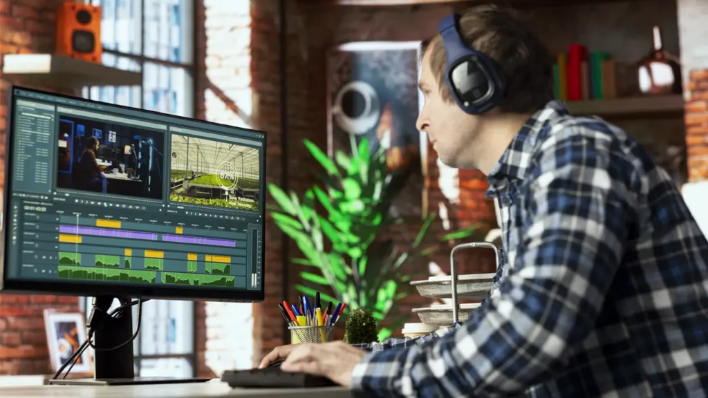 A male video editor working on a video on a Windows PC setup.