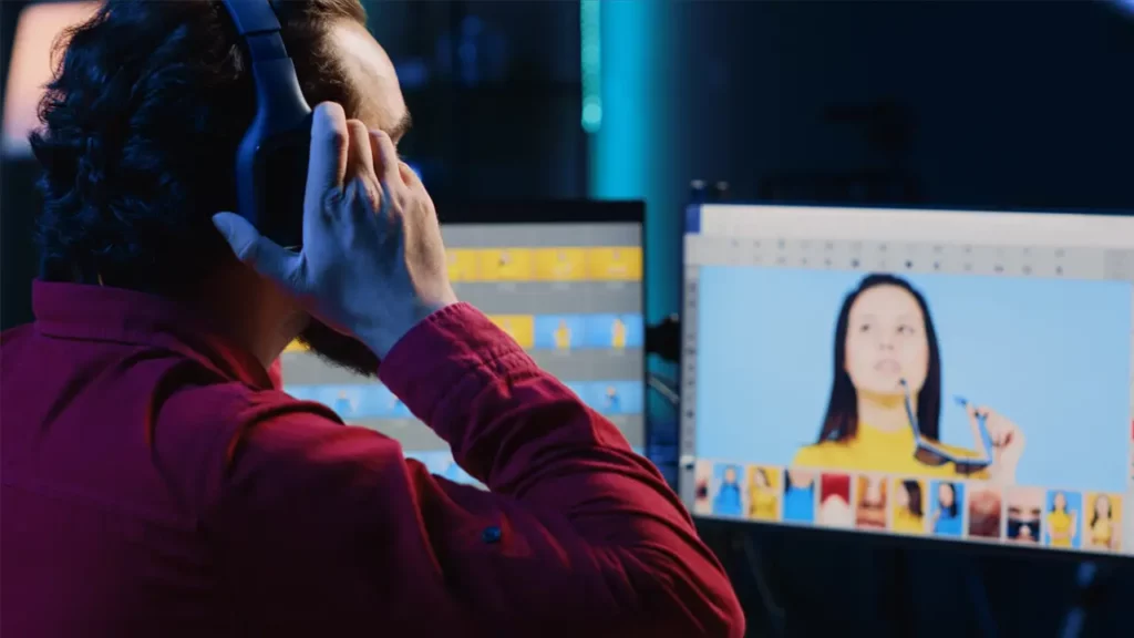 A man listening to a video he is editing on his computer.