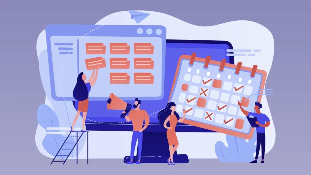 A group of people planning and organizing content.