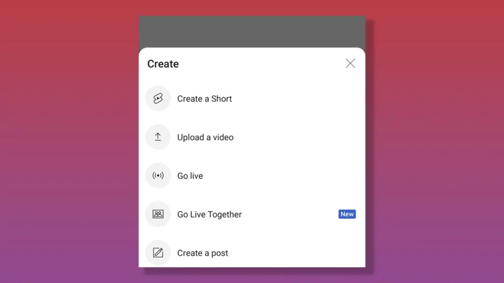 The video upload menu on the YouTube Shorts mobile application.