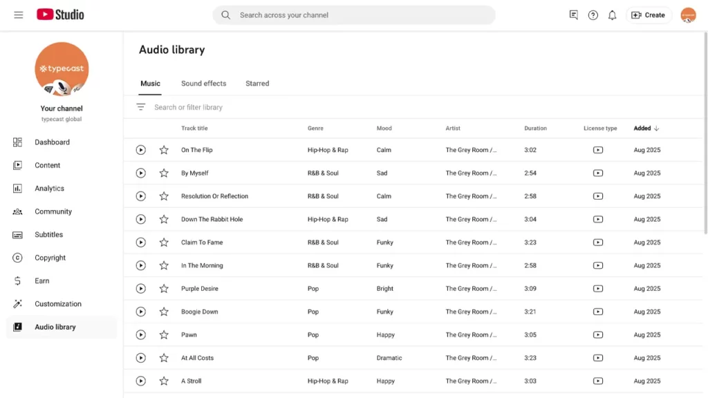 The YouTube audio library menu.