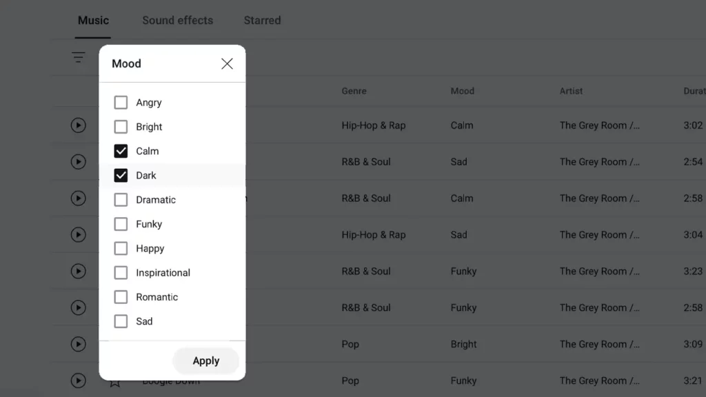 The Mood filter being used in the YouTube audio library.