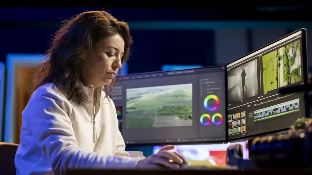 A female video editor creating video content on her desktop.