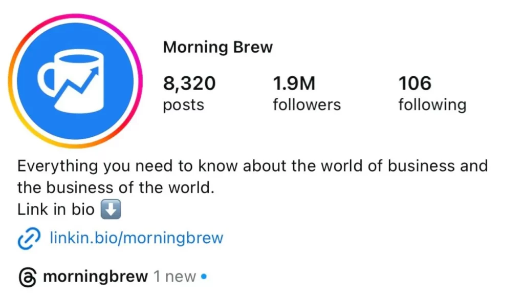 Instagram bio with a coffee emoji, short text, and a newsletter link.