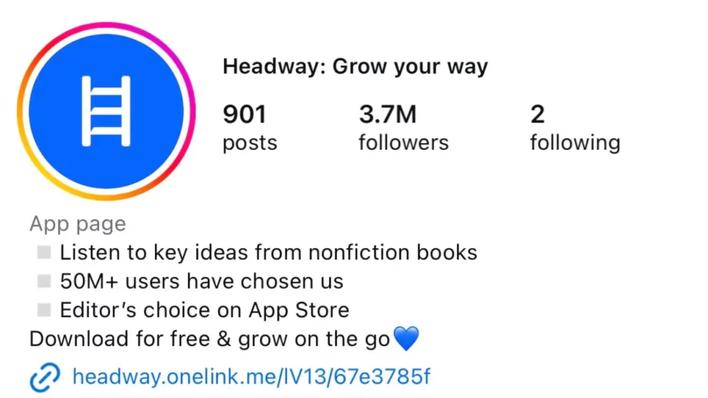 Instagram bio with bullet emojis and an app download link.