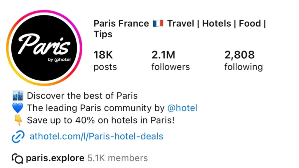 Instagram bio with Eiffel Tower emoji, tagline, and travel link.