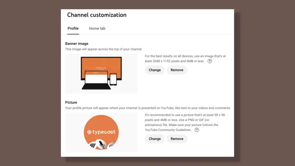 The channel customization menu in YouTube.