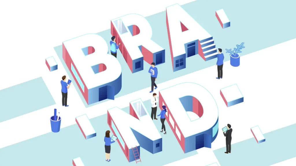 The word "Brand," in 3D on the floor with people surrounding it.